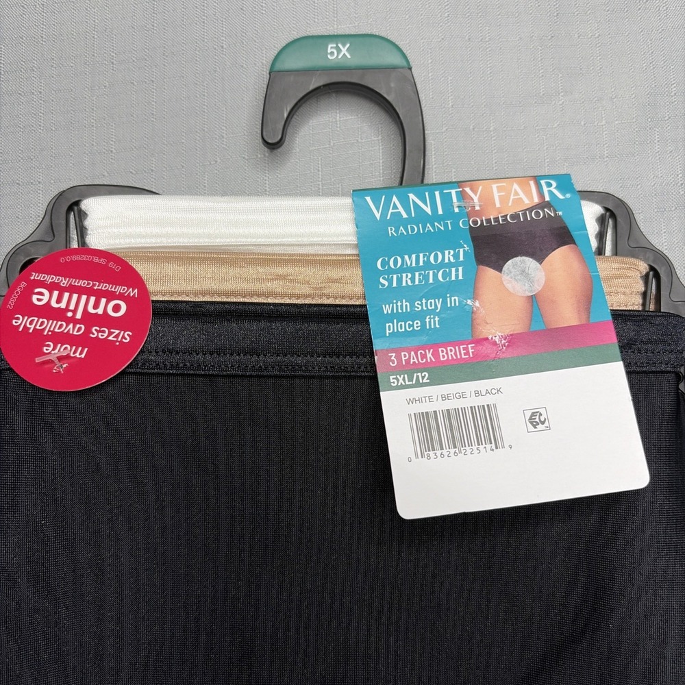 Vanity Fair Sz 5XL/12 Radiant 3 Pack Comfort Stretch Briefs Black Beige White